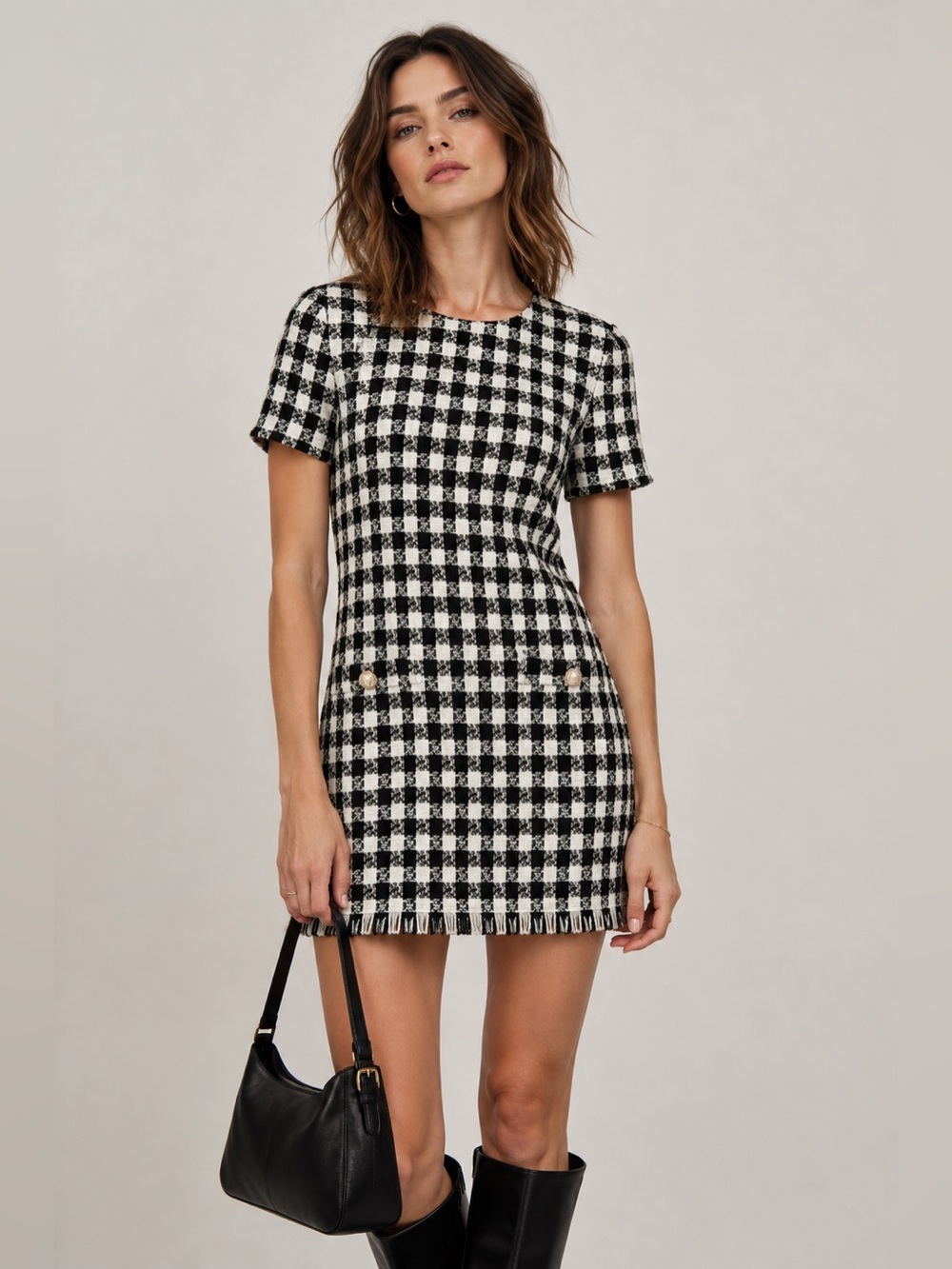 BeBop Black & White Houndstooth Short Sleeve Shift Dress